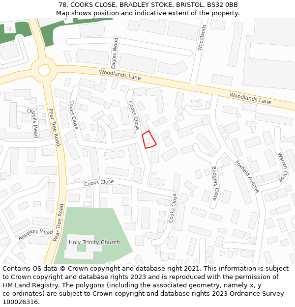 78, COOKS CLOSE, BRADLEY STOKE, BRISTOL, BS32 0BB: Location map and indicative extent of plot