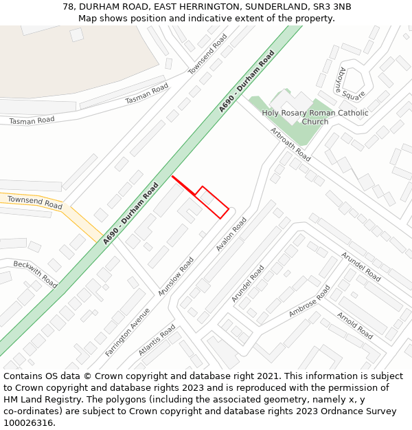 78, DURHAM ROAD, EAST HERRINGTON, SUNDERLAND, SR3 3NB: Location map and indicative extent of plot