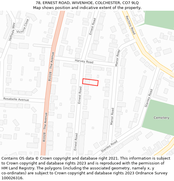 78, ERNEST ROAD, WIVENHOE, COLCHESTER, CO7 9LQ: Location map and indicative extent of plot