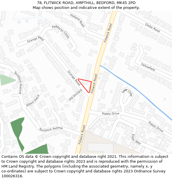 78, FLITWICK ROAD, AMPTHILL, BEDFORD, MK45 2PD: Location map and indicative extent of plot