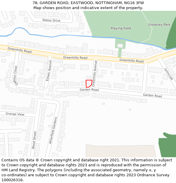 78, GARDEN ROAD, EASTWOOD, NOTTINGHAM, NG16 3FW: Location map and indicative extent of plot