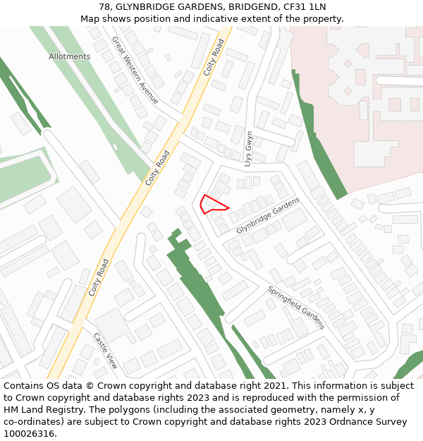 78, GLYNBRIDGE GARDENS, BRIDGEND, CF31 1LN: Location map and indicative extent of plot