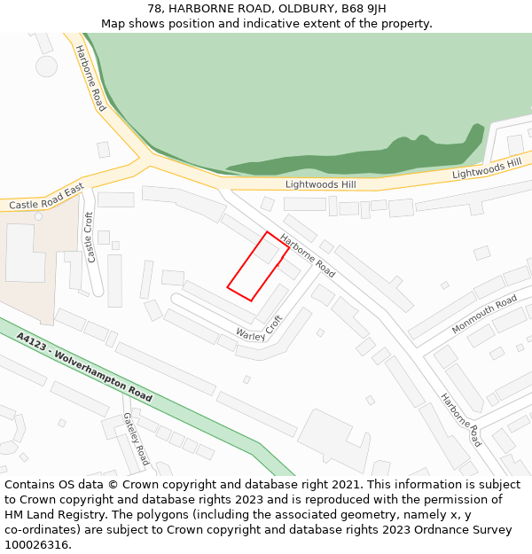 78, HARBORNE ROAD, OLDBURY, B68 9JH: Location map and indicative extent of plot