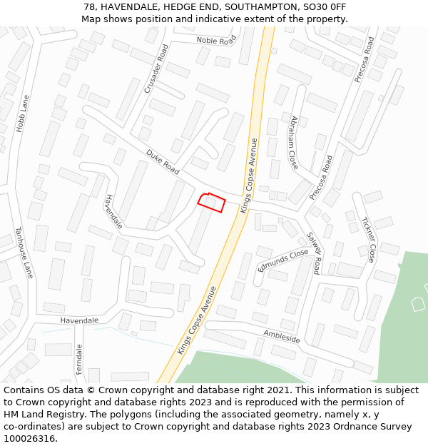 78, HAVENDALE, HEDGE END, SOUTHAMPTON, SO30 0FF: Location map and indicative extent of plot