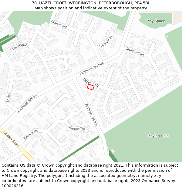 78, HAZEL CROFT, WERRINGTON, PETERBOROUGH, PE4 5BL: Location map and indicative extent of plot