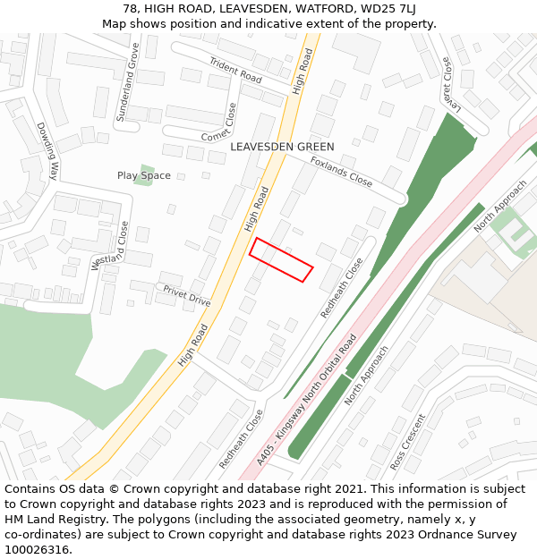 78, HIGH ROAD, LEAVESDEN, WATFORD, WD25 7LJ: Location map and indicative extent of plot