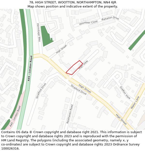 78, HIGH STREET, WOOTTON, NORTHAMPTON, NN4 6JR: Location map and indicative extent of plot