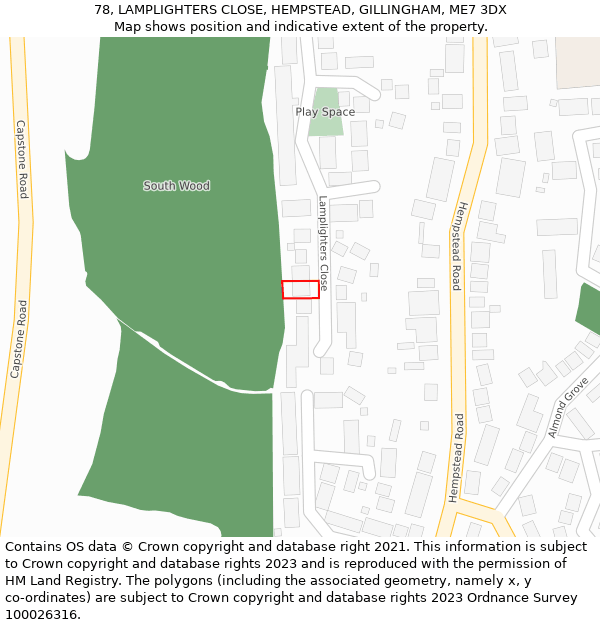 78, LAMPLIGHTERS CLOSE, HEMPSTEAD, GILLINGHAM, ME7 3DX: Location map and indicative extent of plot