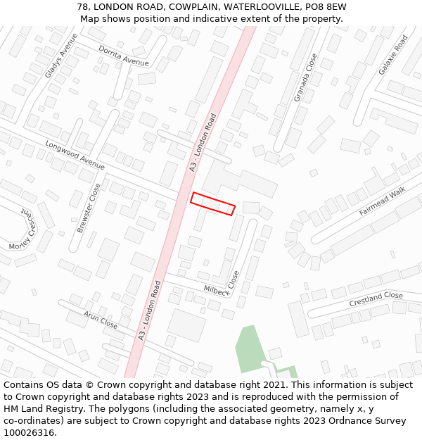 78, LONDON ROAD, COWPLAIN, WATERLOOVILLE, PO8 8EW: Location map and indicative extent of plot