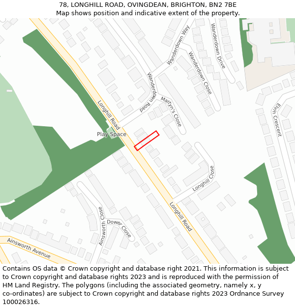 78, LONGHILL ROAD, OVINGDEAN, BRIGHTON, BN2 7BE: Location map and indicative extent of plot