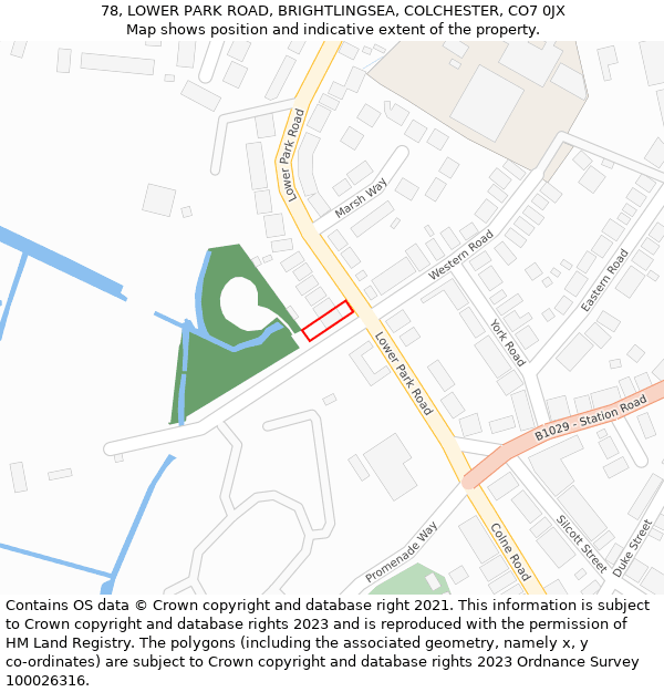 78, LOWER PARK ROAD, BRIGHTLINGSEA, COLCHESTER, CO7 0JX: Location map and indicative extent of plot