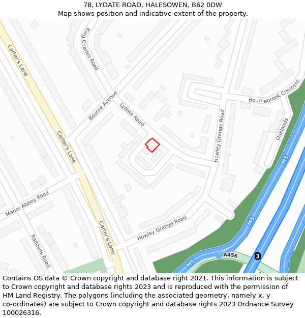 78, LYDATE ROAD, HALESOWEN, B62 0DW: Location map and indicative extent of plot