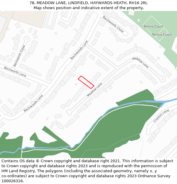 78, MEADOW LANE, LINDFIELD, HAYWARDS HEATH, RH16 2RL: Location map and indicative extent of plot