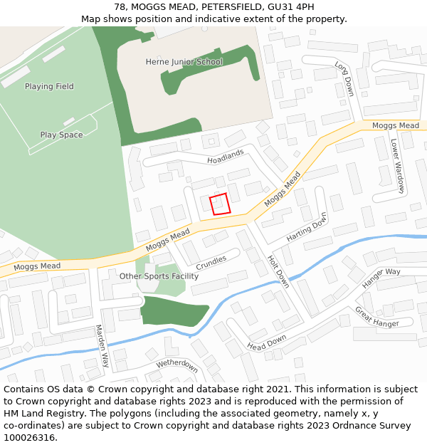 78, MOGGS MEAD, PETERSFIELD, GU31 4PH: Location map and indicative extent of plot