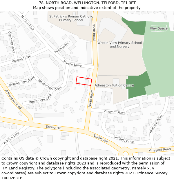 78, NORTH ROAD, WELLINGTON, TELFORD, TF1 3ET: Location map and indicative extent of plot