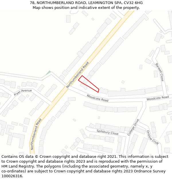 78, NORTHUMBERLAND ROAD, LEAMINGTON SPA, CV32 6HG: Location map and indicative extent of plot