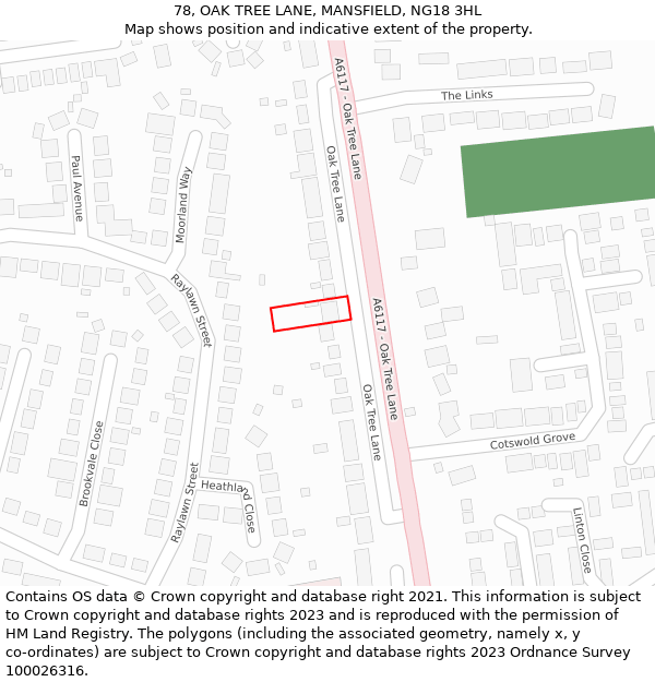 78, OAK TREE LANE, MANSFIELD, NG18 3HL: Location map and indicative extent of plot