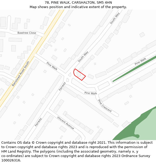 78, PINE WALK, CARSHALTON, SM5 4HN: Location map and indicative extent of plot