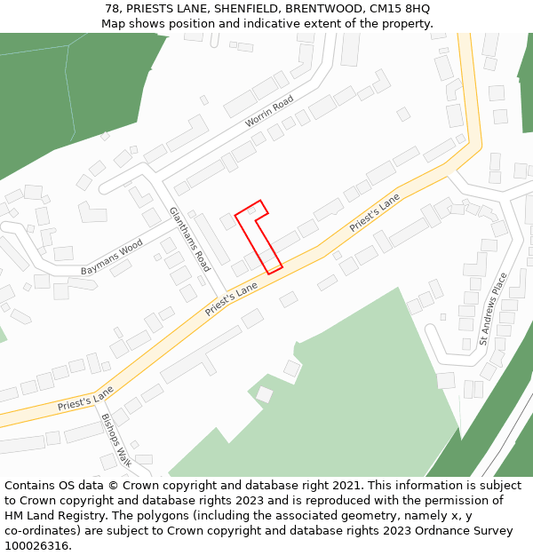 78, PRIESTS LANE, SHENFIELD, BRENTWOOD, CM15 8HQ: Location map and indicative extent of plot