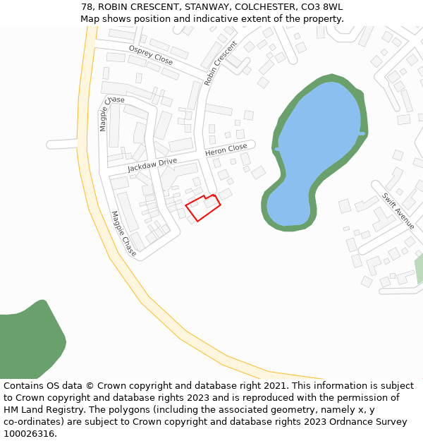 78, ROBIN CRESCENT, STANWAY, COLCHESTER, CO3 8WL: Location map and indicative extent of plot