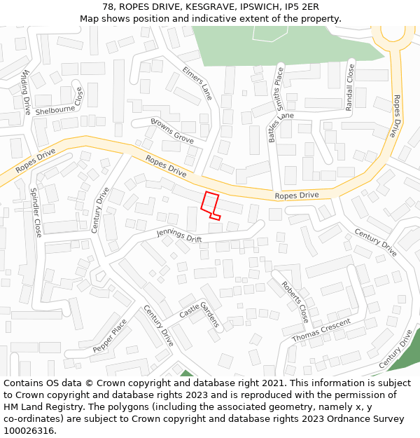 78, ROPES DRIVE, KESGRAVE, IPSWICH, IP5 2ER: Location map and indicative extent of plot