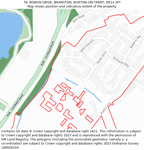 78, ROWAN DRIVE, BRANSTON, BURTON-ON-TRENT, DE14 3FY: Location map and indicative extent of plot