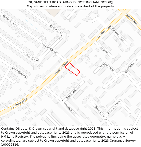 78, SANDFIELD ROAD, ARNOLD, NOTTINGHAM, NG5 6QJ: Location map and indicative extent of plot