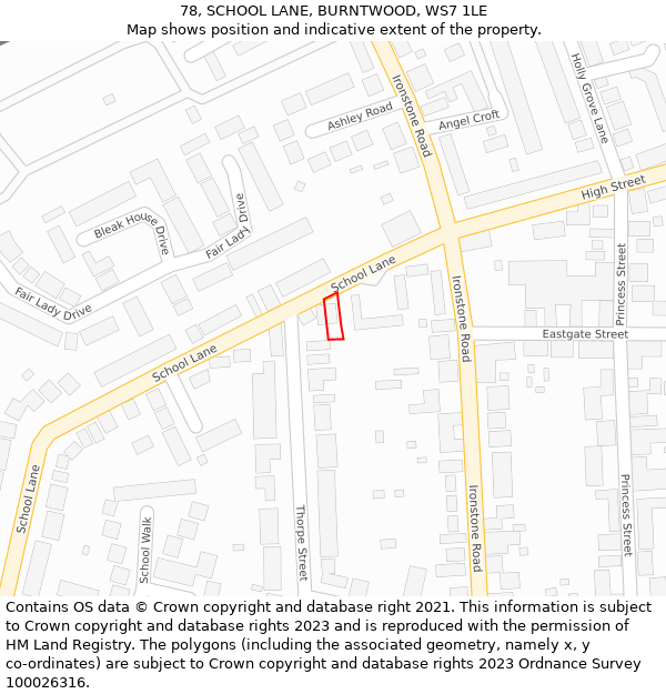 78, SCHOOL LANE, BURNTWOOD, WS7 1LE: Location map and indicative extent of plot