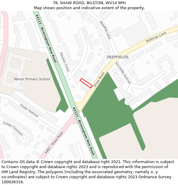 78, SHAW ROAD, BILSTON, WV14 9PH: Location map and indicative extent of plot