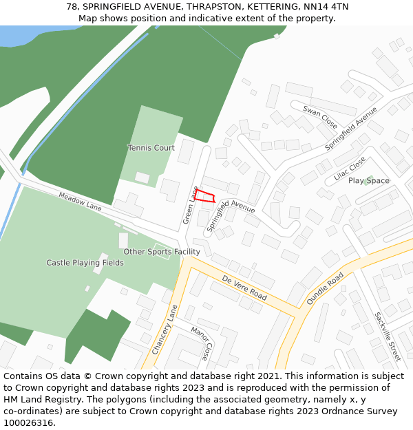 78, SPRINGFIELD AVENUE, THRAPSTON, KETTERING, NN14 4TN: Location map and indicative extent of plot