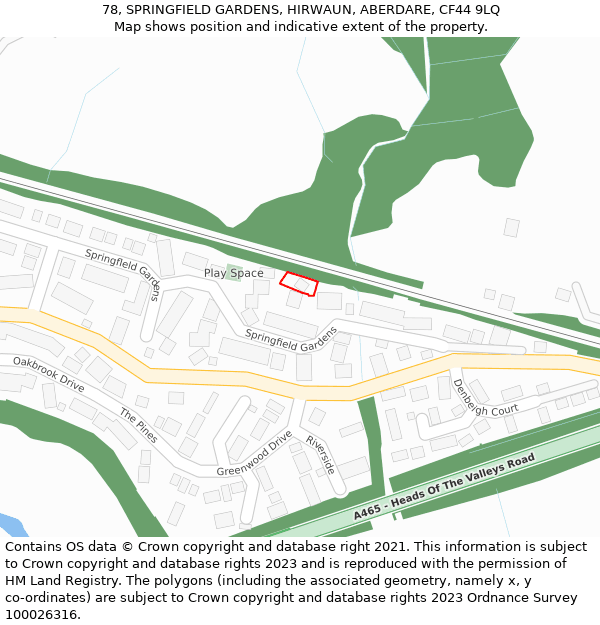 78, SPRINGFIELD GARDENS, HIRWAUN, ABERDARE, CF44 9LQ: Location map and indicative extent of plot