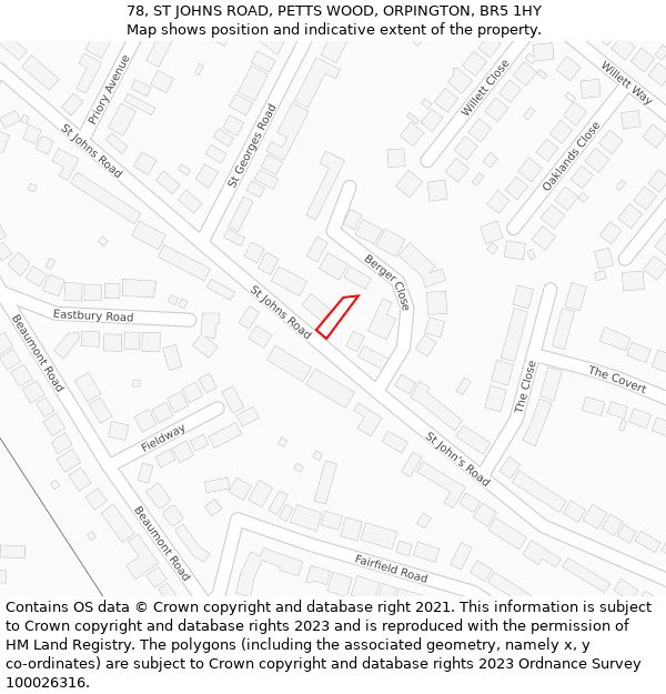 78, ST JOHNS ROAD, PETTS WOOD, ORPINGTON, BR5 1HY: Location map and indicative extent of plot