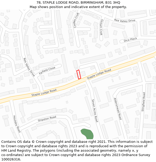 78, STAPLE LODGE ROAD, BIRMINGHAM, B31 3HQ: Location map and indicative extent of plot