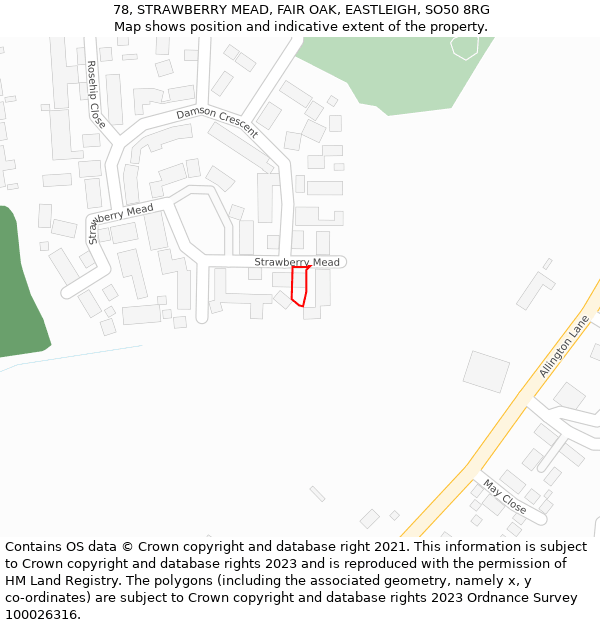 78, STRAWBERRY MEAD, FAIR OAK, EASTLEIGH, SO50 8RG: Location map and indicative extent of plot