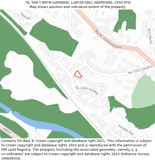 78, TAN Y BRYN GARDENS, LLWYDCOED, ABERDARE, CF44 0TQ: Location map and indicative extent of plot