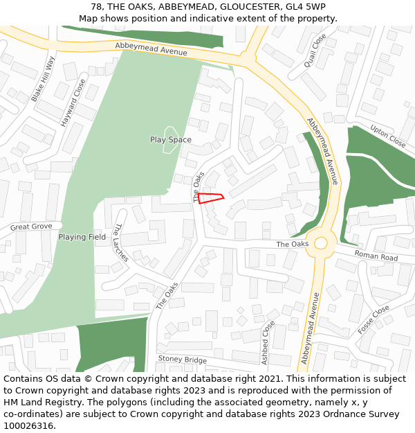 78, THE OAKS, ABBEYMEAD, GLOUCESTER, GL4 5WP: Location map and indicative extent of plot