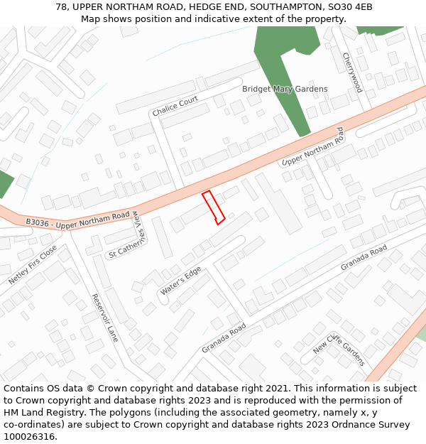 78, UPPER NORTHAM ROAD, HEDGE END, SOUTHAMPTON, SO30 4EB: Location map and indicative extent of plot