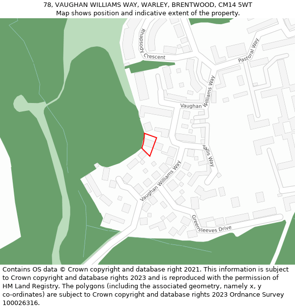 78, VAUGHAN WILLIAMS WAY, WARLEY, BRENTWOOD, CM14 5WT: Location map and indicative extent of plot