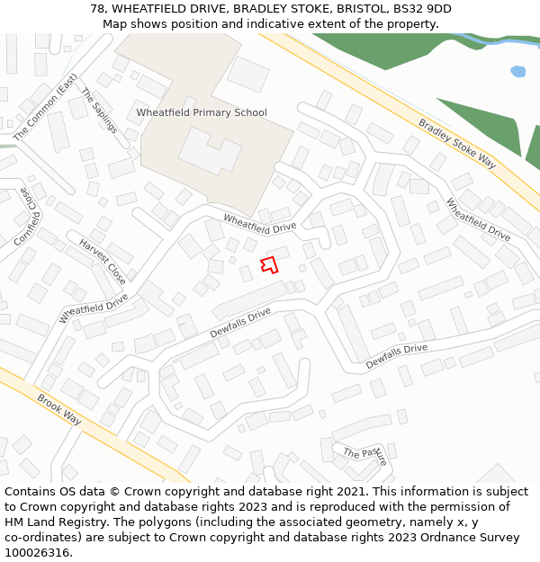 78, WHEATFIELD DRIVE, BRADLEY STOKE, BRISTOL, BS32 9DD: Location map and indicative extent of plot