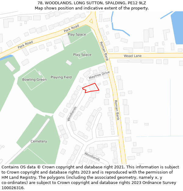 78, WOODLANDS, LONG SUTTON, SPALDING, PE12 9LZ: Location map and indicative extent of plot