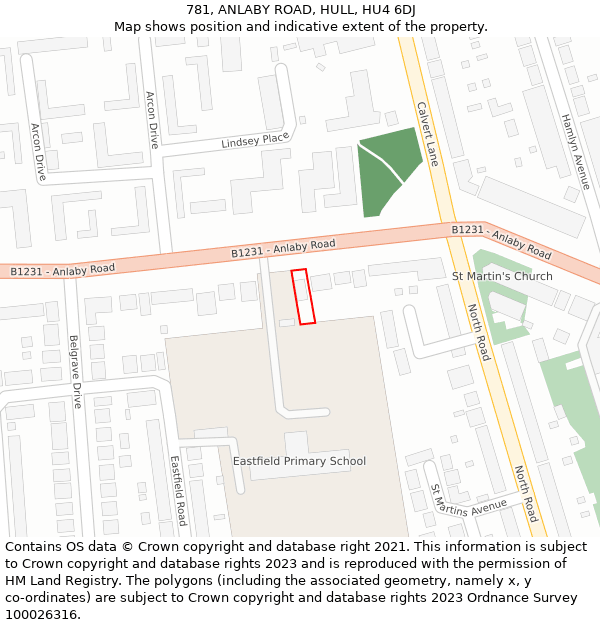 781, ANLABY ROAD, HULL, HU4 6DJ: Location map and indicative extent of plot