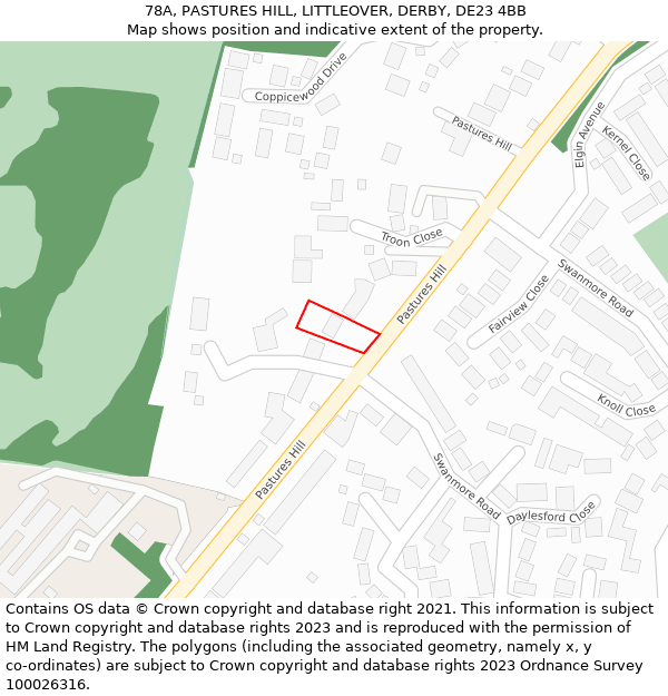 78A, PASTURES HILL, LITTLEOVER, DERBY, DE23 4BB: Location map and indicative extent of plot