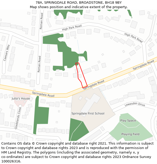 78A, SPRINGDALE ROAD, BROADSTONE, BH18 9BY: Location map and indicative extent of plot