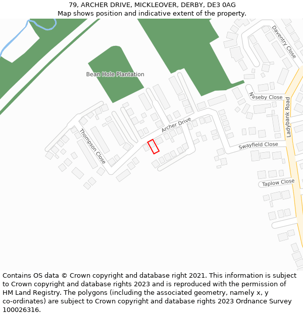 79, ARCHER DRIVE, MICKLEOVER, DERBY, DE3 0AG: Location map and indicative extent of plot