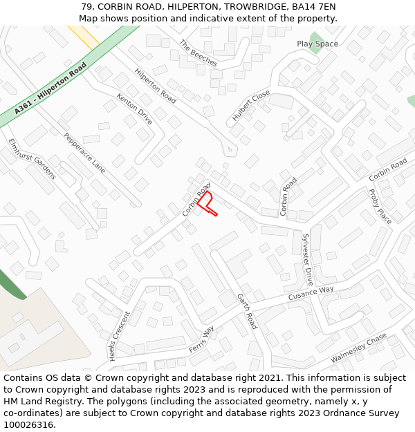 79, CORBIN ROAD, HILPERTON, TROWBRIDGE, BA14 7EN: Location map and indicative extent of plot