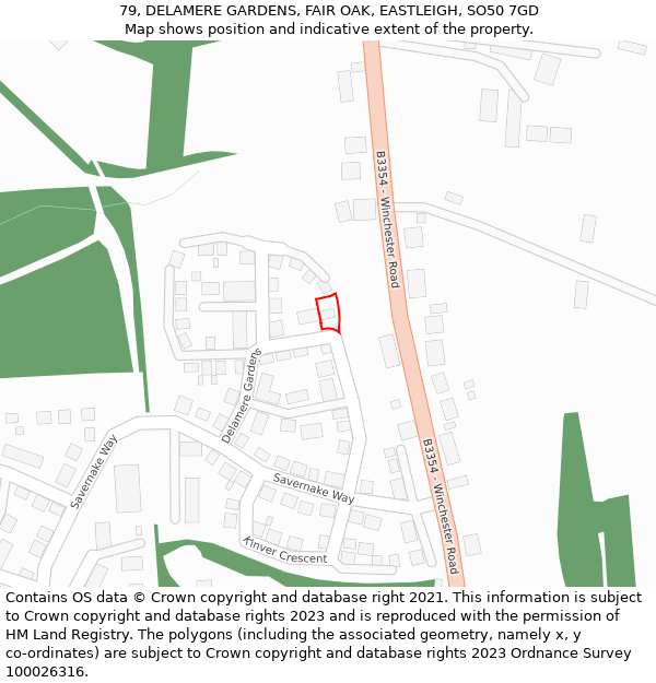 79, DELAMERE GARDENS, FAIR OAK, EASTLEIGH, SO50 7GD: Location map and indicative extent of plot