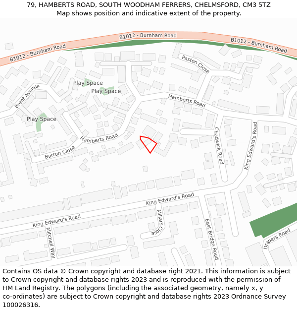 79, HAMBERTS ROAD, SOUTH WOODHAM FERRERS, CHELMSFORD, CM3 5TZ: Location map and indicative extent of plot