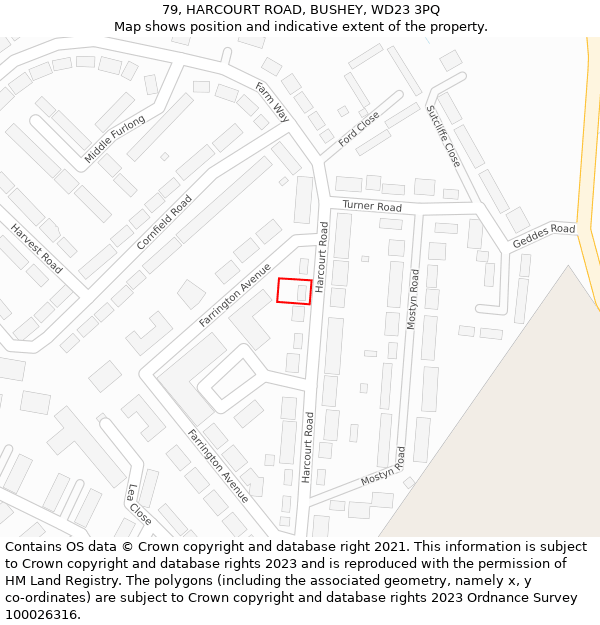 79, HARCOURT ROAD, BUSHEY, WD23 3PQ: Location map and indicative extent of plot