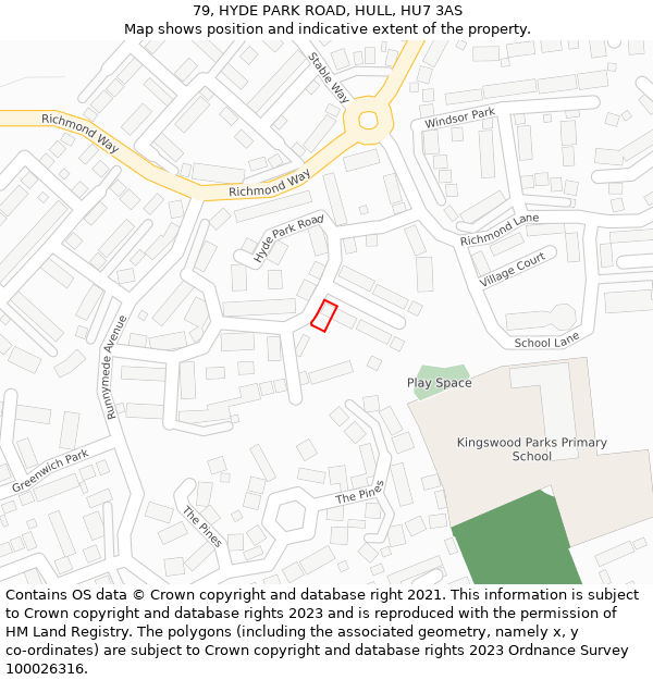 79, HYDE PARK ROAD, HULL, HU7 3AS: Location map and indicative extent of plot