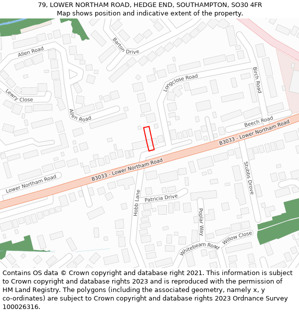 79, LOWER NORTHAM ROAD, HEDGE END, SOUTHAMPTON, SO30 4FR: Location map and indicative extent of plot